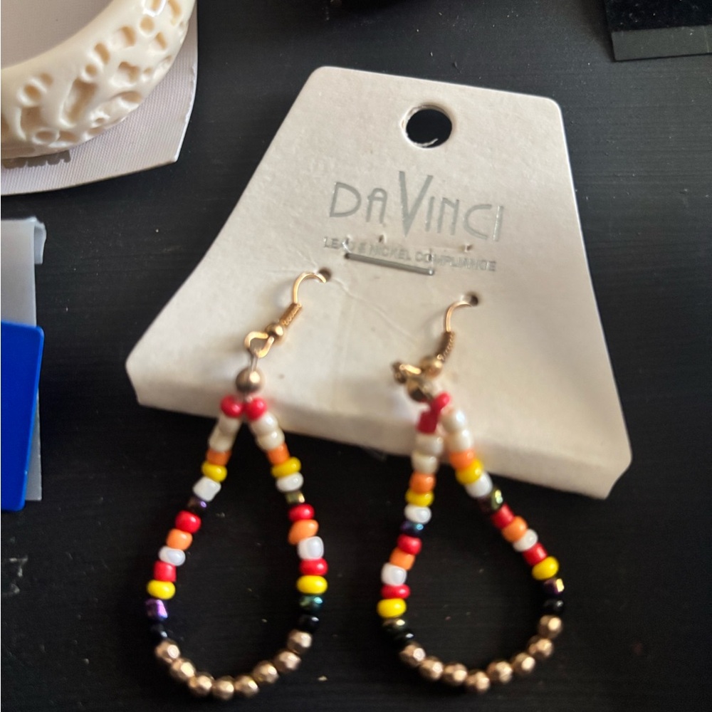 DaVinci Gold and Multicolor Seed Bead Teardrop Earrings